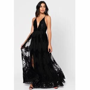 Luxel Black See Through Overlay Floral Print Maxi Prom Dress Gown M